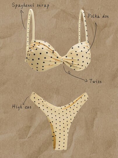 Elavelle Springbreak Women Polka Dot Random Print Spaghetti Strap Twist High Cut Sexy Bikini Set For Women Summer Beachwear