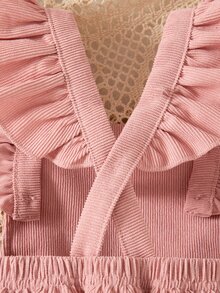 SHEIN Playful Pals 2件組女嬰可愛兔子刺繡可拆式毛球連身衣，秋季粉色與白色條紋家庭套裝，動物主題周歲生日裝 - 粉色 - 查看 4