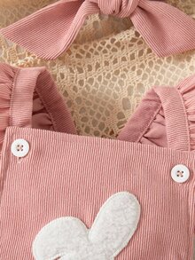 SHEIN Playful Pals 2件組女嬰可愛兔子刺繡可拆式毛球連身衣，秋季粉色與白色條紋家庭套裝，動物主題周歲生日裝 - 粉色 - 查看 3