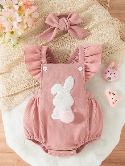 SHEIN Playful Pals 2件組女嬰可愛兔子刺繡可拆式毛球連身衣，秋季粉色與白色條紋家庭套裝，動物主題周歲生日裝