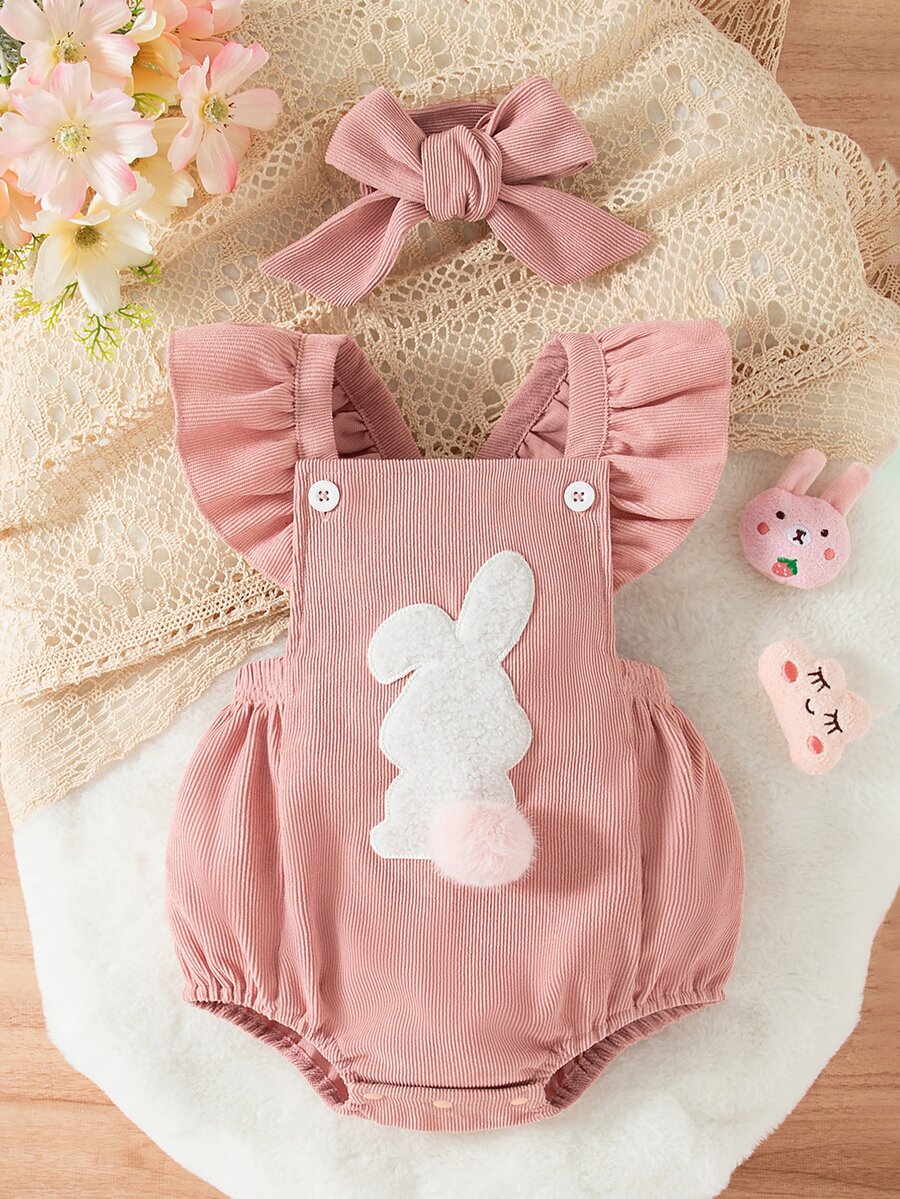 SHEIN Playful Pals 2件組女嬰可愛兔子刺繡可拆式毛球連身衣,秋季粉色與白色條紋家庭套裝,動物主題周歲生日裝 - 粉色 - 查看 1