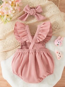 SHEIN Playful Pals 2件組女嬰可愛兔子刺繡可拆式毛球連身衣，秋季粉色與白色條紋家庭套裝，動物主題周歲生日裝 - 粉色 - 查看 2