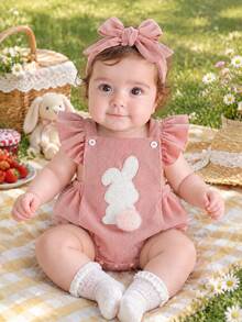SHEIN Playful Pals 2件組女嬰可愛兔子刺繡可拆式毛球連身衣，秋季粉色與白色條紋家庭套裝，動物主題周歲生日裝 - 粉色 - 查看 5