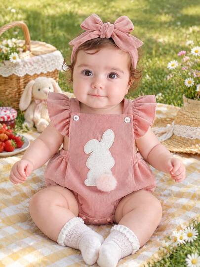 SHEIN Playful Pals 2件組女嬰可愛兔子刺繡可拆式毛球連身衣，秋季粉色與白色條紋家庭套裝，動物主題周歲生日裝