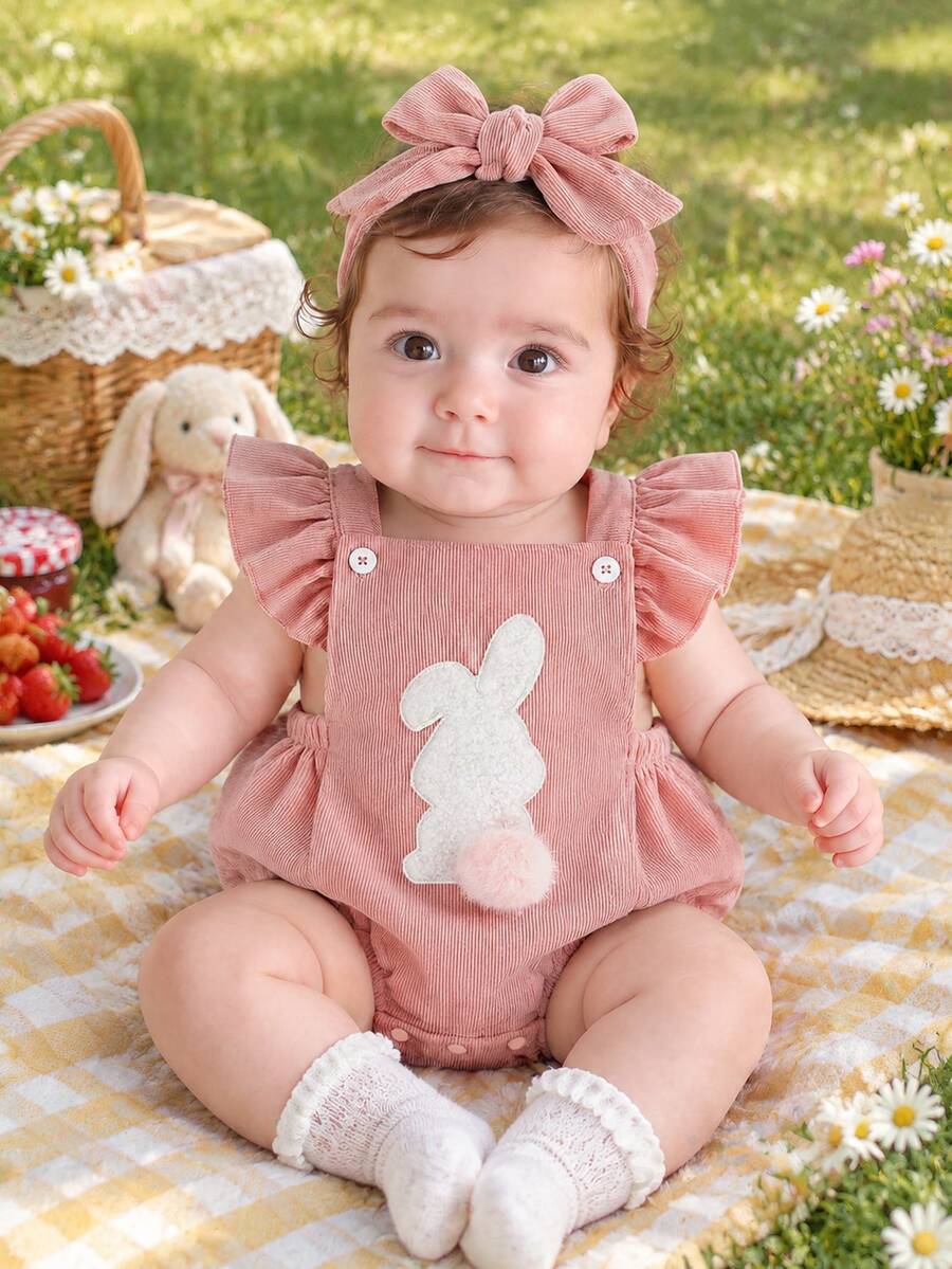 SHEIN Playful Pals 2 قطعة ملابس داخلية للبنات الصغيرات بتطريز أرنب لطيف مع كرات صوف قابلة للفصل، مخطط باللون الوردي والأبيض للخريف، ملابس عائلية متطابقة لعيد الميلاد الأول بتصميم حيوان - وردي - مشاهدة 1
