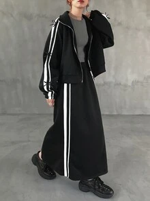 FRIFUL Women's Autumn Clothing Bow Decor Contrast Stripe Double Open Metal Zipper 2 Pieces Set - Black - View 4