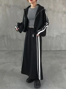 FRIFUL Women's Autumn Clothing Bow Decor Contrast Stripe Double Open Metal Zipper 2 Pieces Set - Black - View 3
