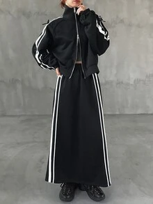FRIFUL Women's Autumn Clothing Bow Decor Contrast Stripe Double Open Metal Zipper 2 Pieces Set - Black - View 1