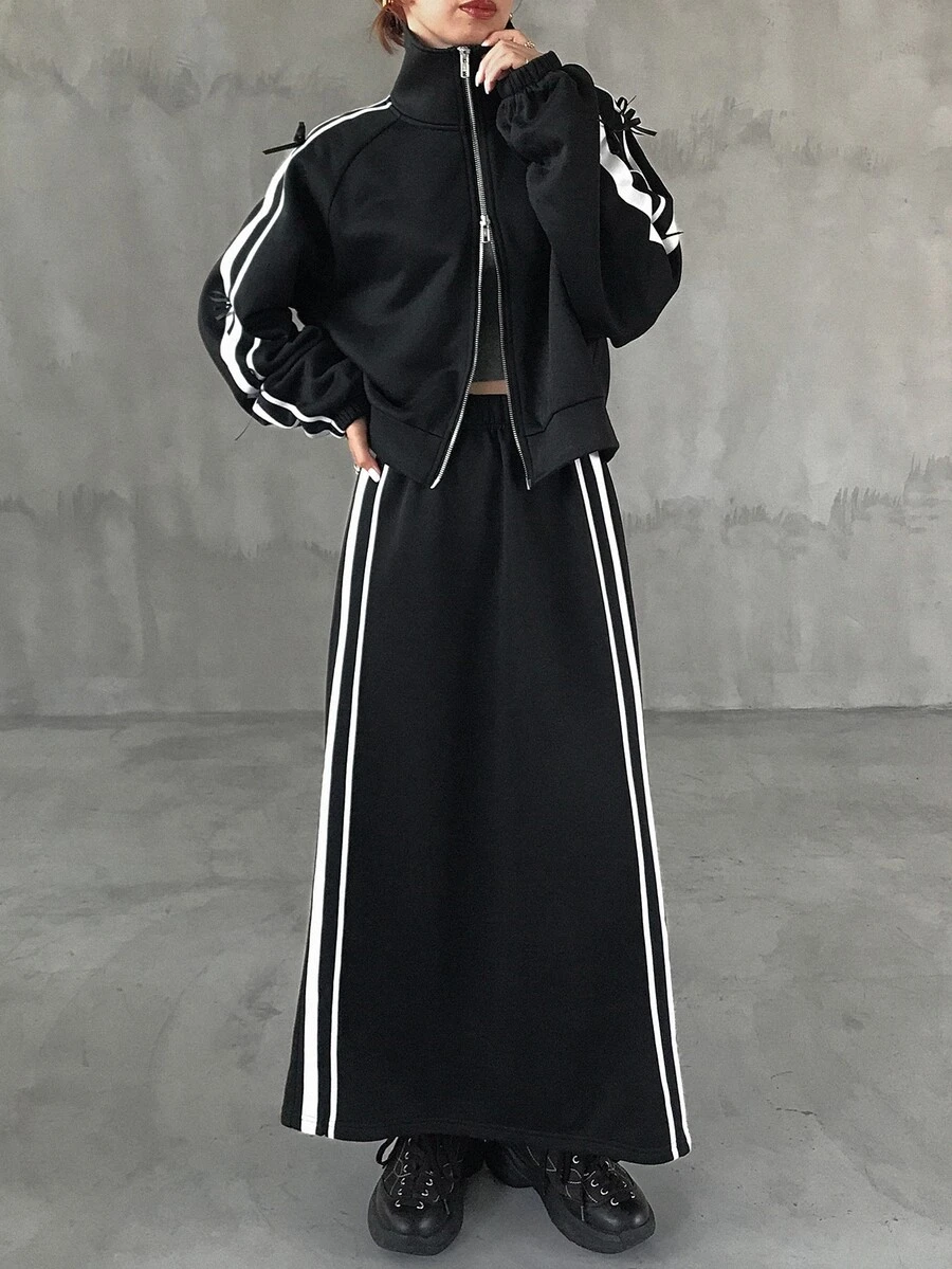 FRIFUL Women's Autumn Clothing Bow Decor Contrast Stripe Double Open Metal Zipper 2 Pieces Set - Black - View 1
