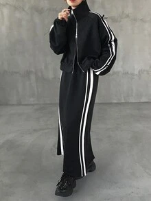 FRIFUL Women's Autumn Clothing Bow Decor Contrast Stripe Double Open Metal Zipper 2 Pieces Set - Black - View 7