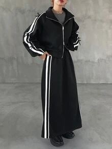 FRIFUL Women's Autumn Clothing Bow Decor Contrast Stripe Double Open Metal Zipper 2 Pieces Set - Black - View 5