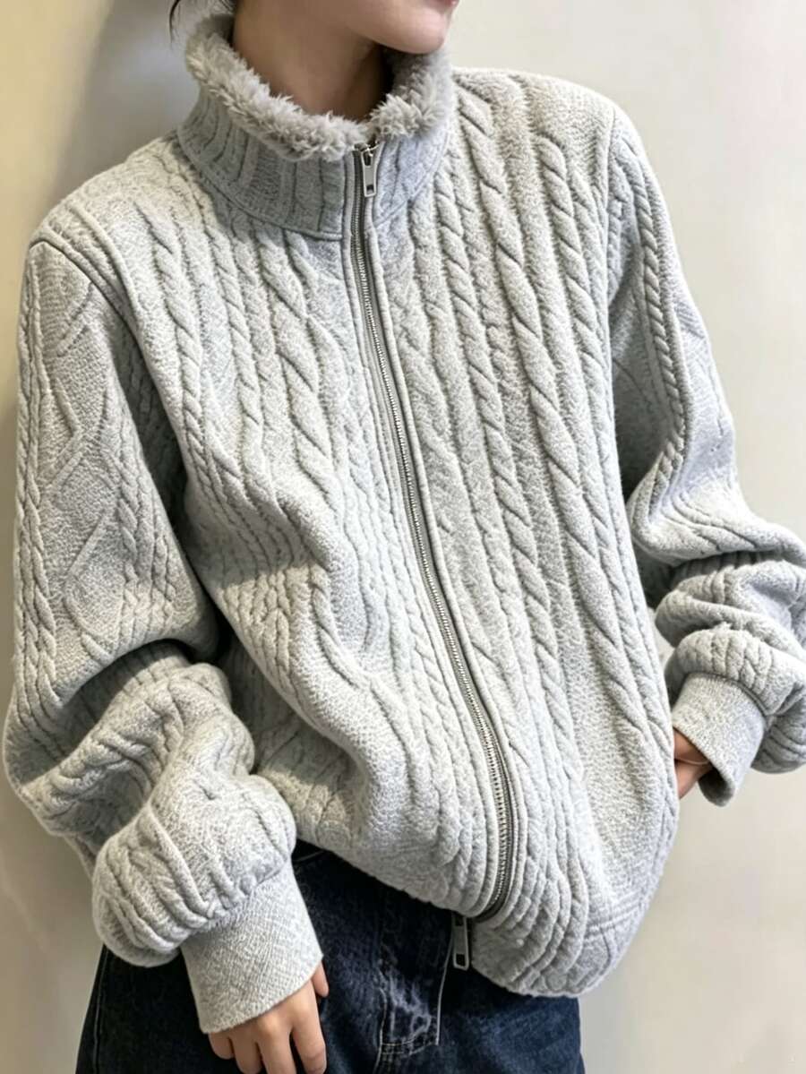 FRIFUL Women's Autumn Jacket With Fur Trim Collar, Textured Fabric Body And Metal Zipper, Regular Fit - Grey - View 1
