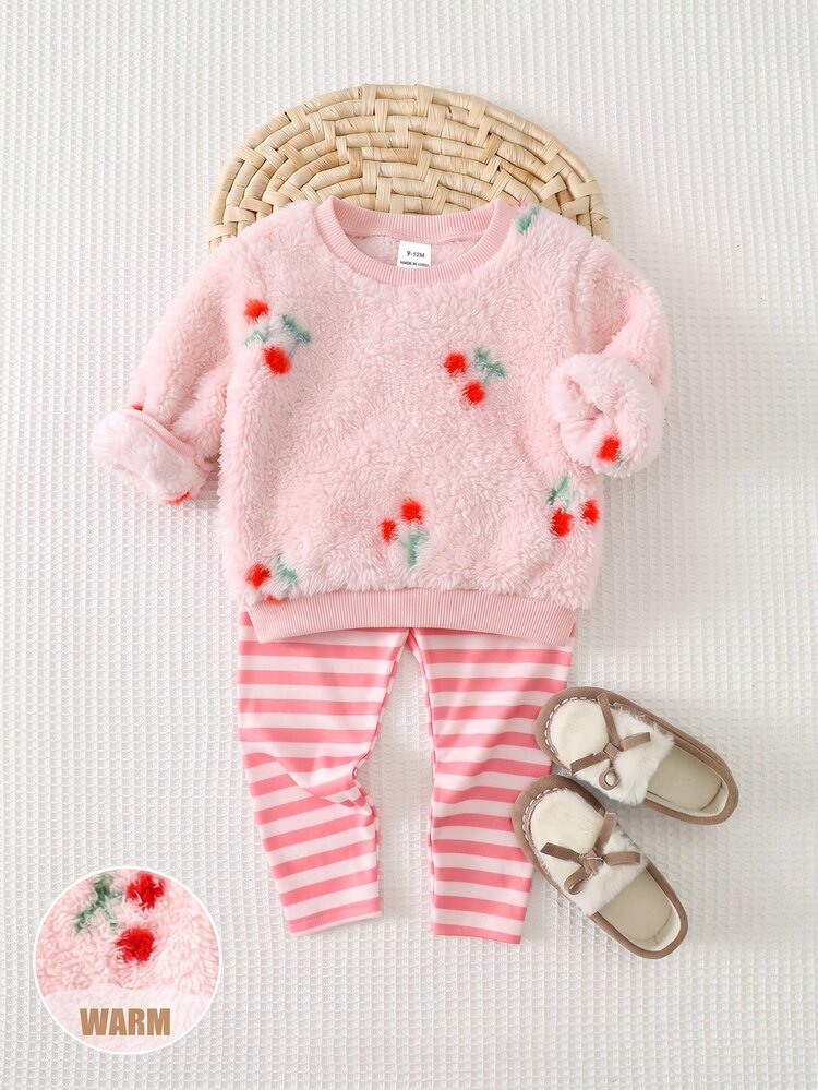 SHEIN Baby Girl Cherry Pattern Long Sleeve Sweatshirt And Striped Long Pants Casual Set - Pink - View 9