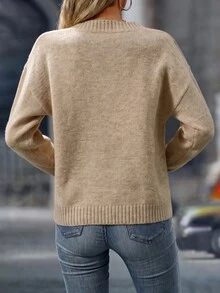 EMERY ROSE Women's Long Sleeve Loose V-Neck Casual Sweater - Vanilla Oat - View 2