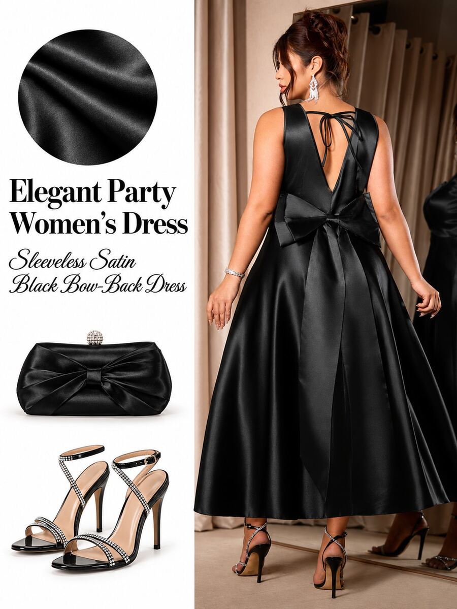 Cravure Plus Size Women's Square Neck Waist-Cinching Puffy Dress With Open Back And Large Bow Decoration, Halloween Dinner Birthday Party - Black - View 1