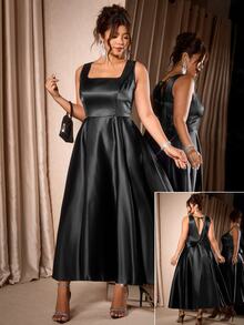 Cravure Plus Size Women's Square Neck Waist-Cinching Puffy Dress With Open Back And Large Bow Decoration, Halloween Dinner Birthday Party - Black - View 4