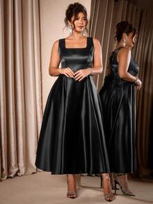 Cravure Plus Size Women's Square Neck Waist-Cinching Puffy Dress With Open Back And Large Bow Decoration, Halloween Dinner Birthday Party - Black - View 8