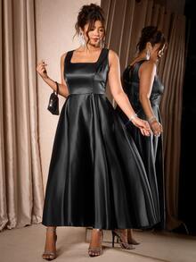 Cravure Plus Size Women's Square Neck Waist-Cinching Puffy Dress With Open Back And Large Bow Decoration, Halloween Dinner Birthday Party - Black - View 7