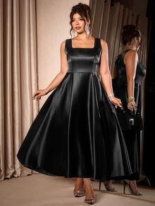 Cravure Plus Size Women's Square Neck Waist-Cinching Puffy Dress With Open Back And Large Bow Decoration, Halloween Dinner Birthday Party - Black - View 2