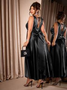 Cravure Plus Size Women's Square Neck Waist-Cinching Puffy Dress With Open Back And Large Bow Decoration, Halloween Dinner Birthday Party - Black - View 5