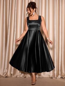 Cravure Plus Size Women's Square Neck Waist-Cinching Puffy Dress With Open Back And Large Bow Decoration, Halloween Dinner Birthday Party - Black - View 6