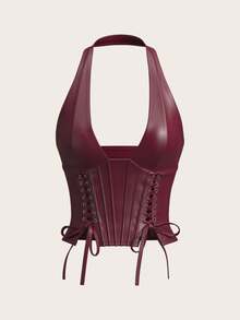 SHEIN X YERIMUA SHEIN ICON 女士纯色简约休闲 PU 皮革挂脖领扣眼装饰系带背心 Y2K 外出酒红色 V 领露肩上衣 - 酒紅色 - 查看 4