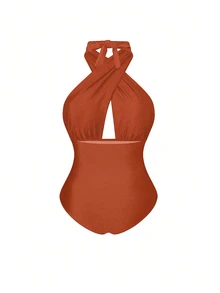 Swim Oasis Plus Size Women 2pcs Set Halter Backless Swimsuit With Random Print Beach Vacation Cover Up And Skirt Casual Sexy Swimwear Rojos Summer Brown - Mocha Brown - View 5