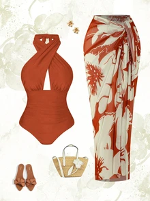 Swim Oasis Plus Size Women 2pcs Set Halter Backless Swimsuit With Random Print Beach Vacation Cover Up And Skirt Casual Sexy Swimwear Rojos Summer Brown - Mocha Brown - View 1