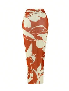 Swim Oasis Plus Size Women 2pcs Set Halter Backless Swimsuit With Random Print Beach Vacation Cover Up And Skirt Casual Sexy Swimwear Rojos Summer Brown - Mocha Brown - View 6