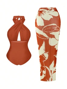 Swim Oasis Plus Size Women 2pcs Set Halter Backless Swimsuit With Random Print Beach Vacation Cover Up And Skirt Casual Sexy Swimwear Rojos Summer Brown - Mocha Brown - View 2
