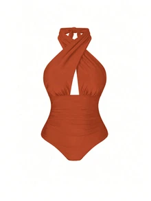 Swim Oasis Plus Size Women 2pcs Set Halter Backless Swimsuit With Random Print Beach Vacation Cover Up And Skirt Casual Sexy Swimwear Rojos Summer Brown - Mocha Brown - View 3