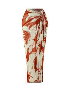 Swim Oasis Plus Size Women 2pcs Set Halter Backless Swimsuit With Random Print Beach Vacation Cover Up And Skirt Casual Sexy Swimwear Rojos Summer Brown - Mocha Brown - View 4