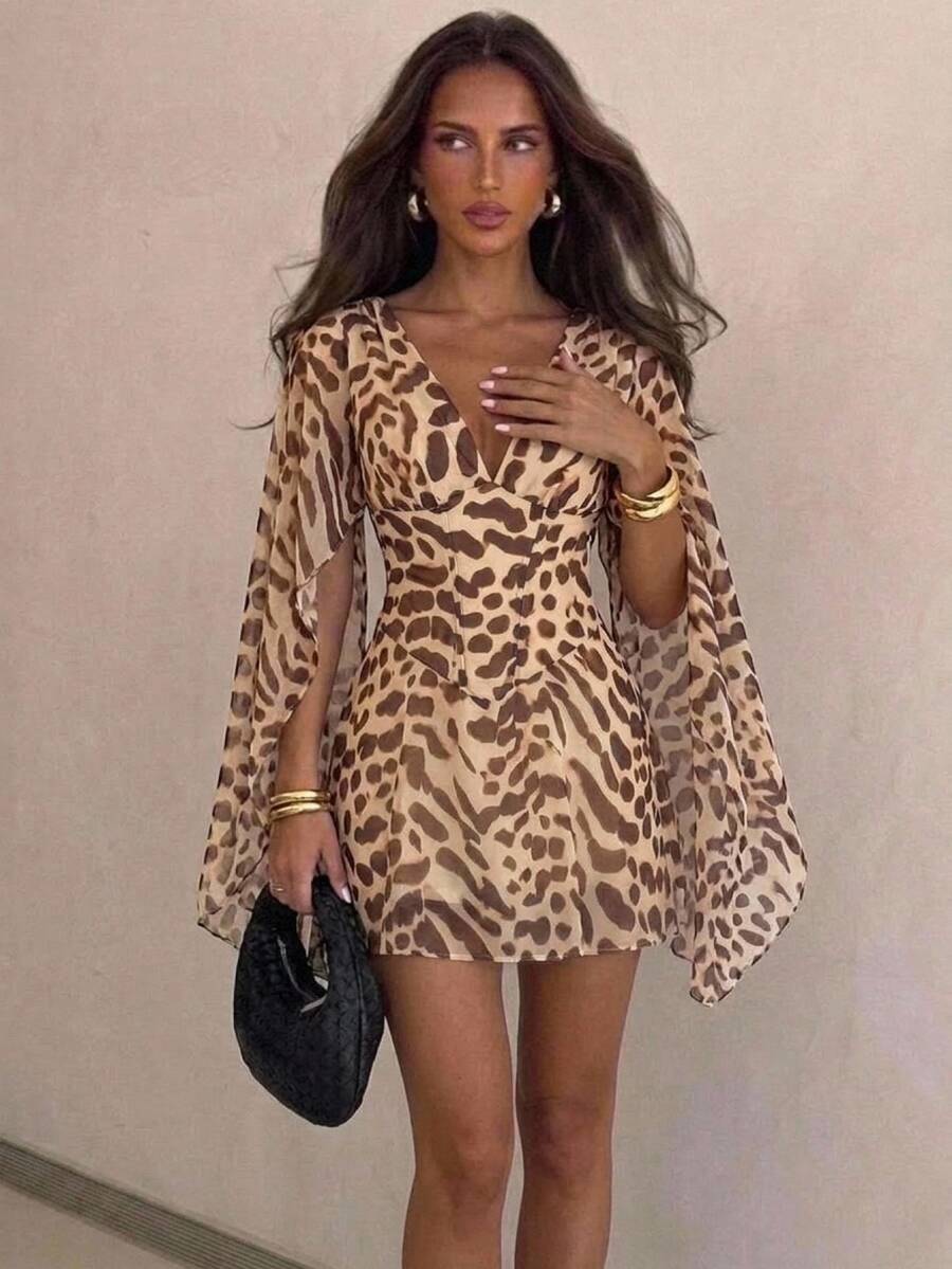 Aloruh Leopard Print Woven Mini Dress For Women - Multicolor - View 1