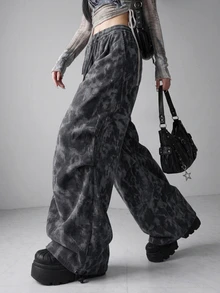 FRIFUL Women's Autumn Corduroy Camouflage Straight Leg Loose Fit Pants - Grey - View 1