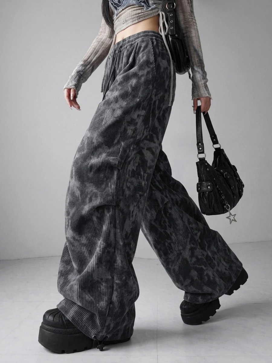 FRIFUL Women's Autumn Corduroy Camouflage Straight Leg Loose Fit Pants - Grey - View 1