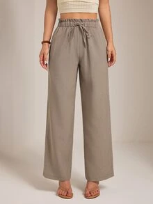 SHEIN PETITE Apricot Straight-Leg Trousers With A Wavy-Edge Design-Casual Workwear For Petite Women. - Brown - View 7