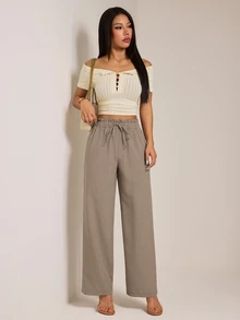 SHEIN PETITE Apricot Straight-Leg Trousers With A Wavy-Edge Design-Casual Workwear For Petite Women. - Brown - View 8