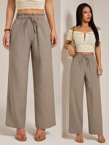 SHEIN PETITE Apricot Straight-Leg Trousers With A Wavy-Edge Design-Casual Workwear For Petite Women. - Brown - View 4