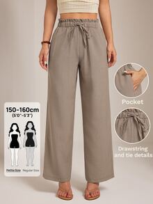 SHEIN PETITE Apricot Straight-Leg Trousers With A Wavy-Edge Design-Casual Workwear For Petite Women. - Brown - View 1