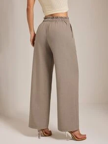 SHEIN PETITE Apricot Straight-Leg Trousers With A Wavy-Edge Design-Casual Workwear For Petite Women. - Brown - View 2