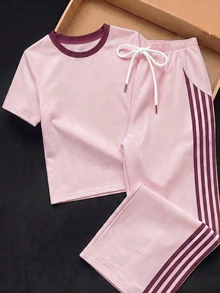 Tseoso 2件組刺繡圓領短袖上衣與條紋印花長褲，休閒風 - 粉色 - 查看 6