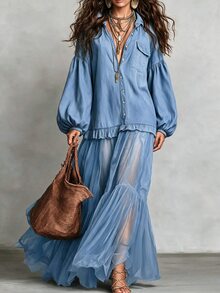 Omancia Women's Autumn/Winter Casual Solid Color Regular Shoulder Loose Lantern Sleeve Patchwork Design Shirt Suitable For Leisure Travel Vacation Outing Shopping - Blue - View 1