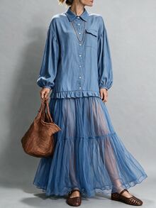 Omancia Women's Autumn/Winter Casual Solid Color Regular Shoulder Loose Lantern Sleeve Patchwork Design Shirt Suitable For Leisure Travel Vacation Outing Shopping - Blue - View 3