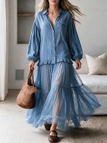 Omancia Women's Autumn/Winter Casual Solid Color Regular Shoulder Loose Lantern Sleeve Patchwork Design Shirt Suitable For Leisure Travel Vacation Outing Shopping - Blue - View 6
