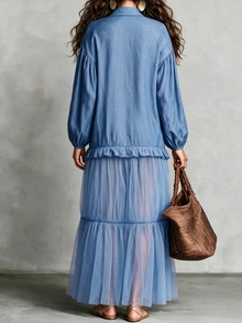 Omancia Women's Autumn/Winter Casual Solid Color Regular Shoulder Loose Lantern Sleeve Patchwork Design Shirt Suitable For Leisure Travel Vacation Outing Shopping - Blue - View 2