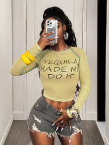 BamGleam Women's Slogan Print Round Neck Raglan Sleeve Fitted Cropped T-Shirt Fall Cloth For Women - Yellow - View 6