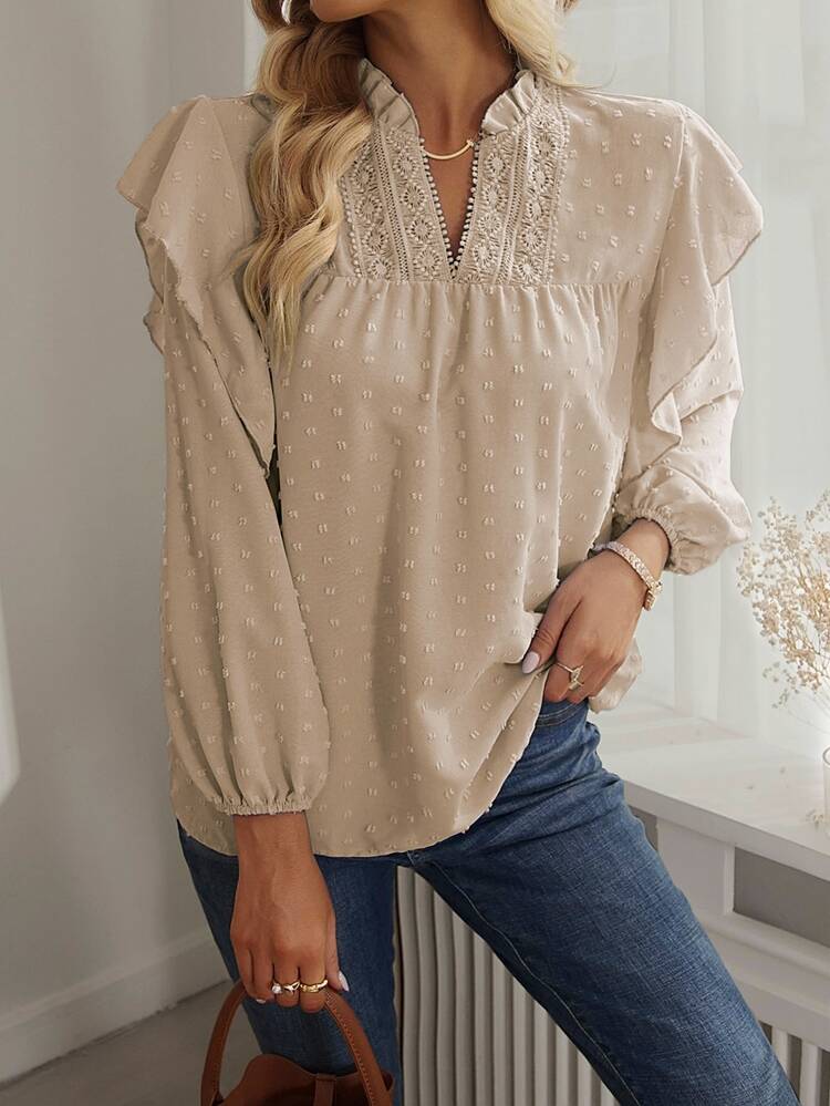 SHEIN Fiorisel Lace Trimmed Notched Neckline Jacquard Blouse,Long Sleeve Tops Fall Cloth For Women - Khaki - View 6