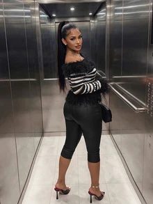 Amplova Women's Cold Shoulder Colorblock Casual Sexy Daily Long Sleeve Sweater Party Night Out Black And White Striped Autumn - Black and White - View 2