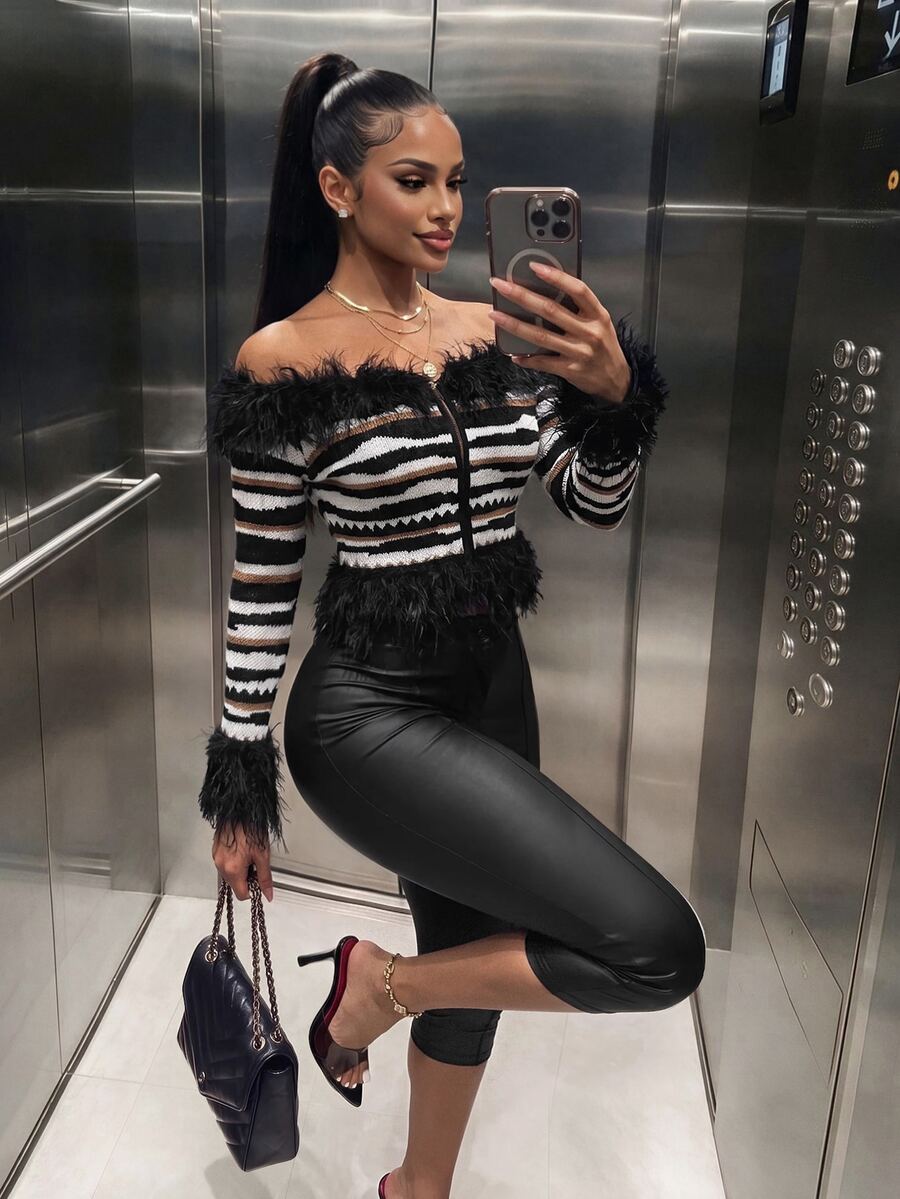 Amplova Women's Cold Shoulder Colorblock Casual Sexy Daily Long Sleeve Sweater Party Night Out Black And White Striped Autumn - Black and White - View 1