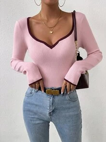 SHEIN 秋季休閒拼接飾邊修身針織衫 - 粉色 - 查看 4